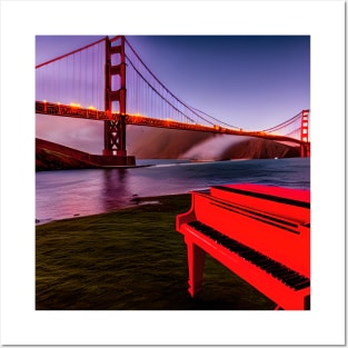 A Red Piano Looking Out At The Golden Gate Bridge At Dusk. Posters and Art